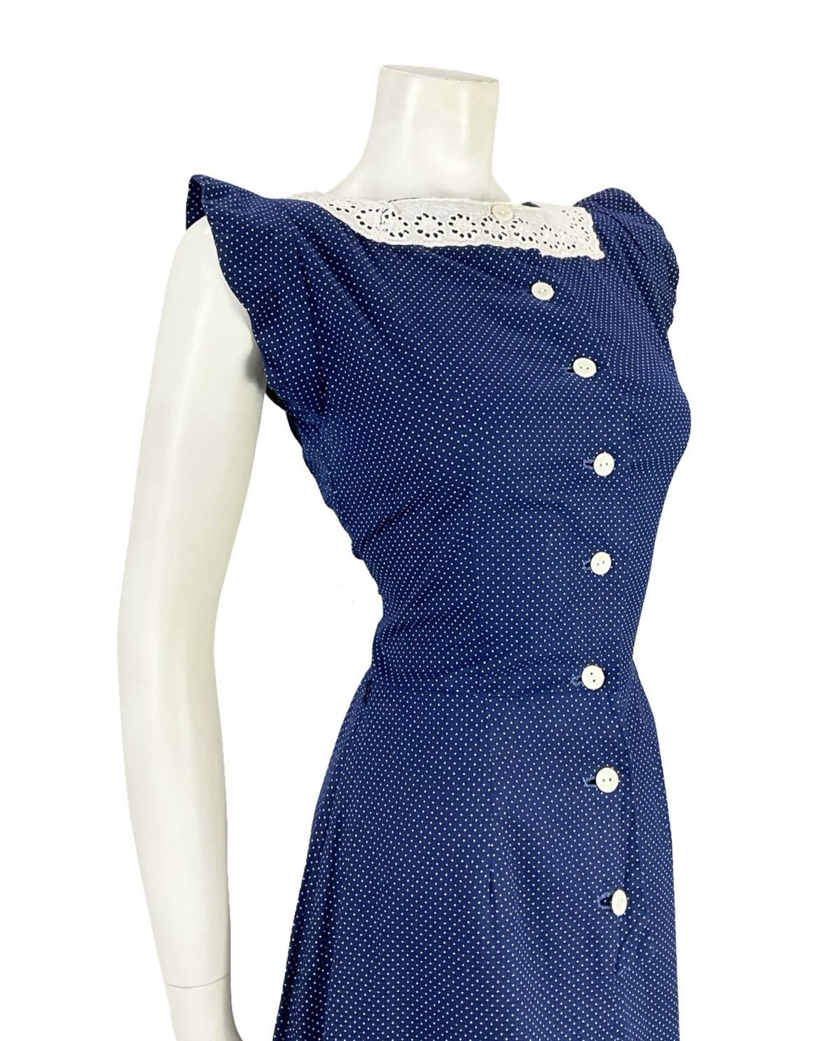 VTG 70S NAVY BLUE WHITE ANGLAISE POLKA DOT RUFFLE COTTAGE PRAIRIE DRESS 8