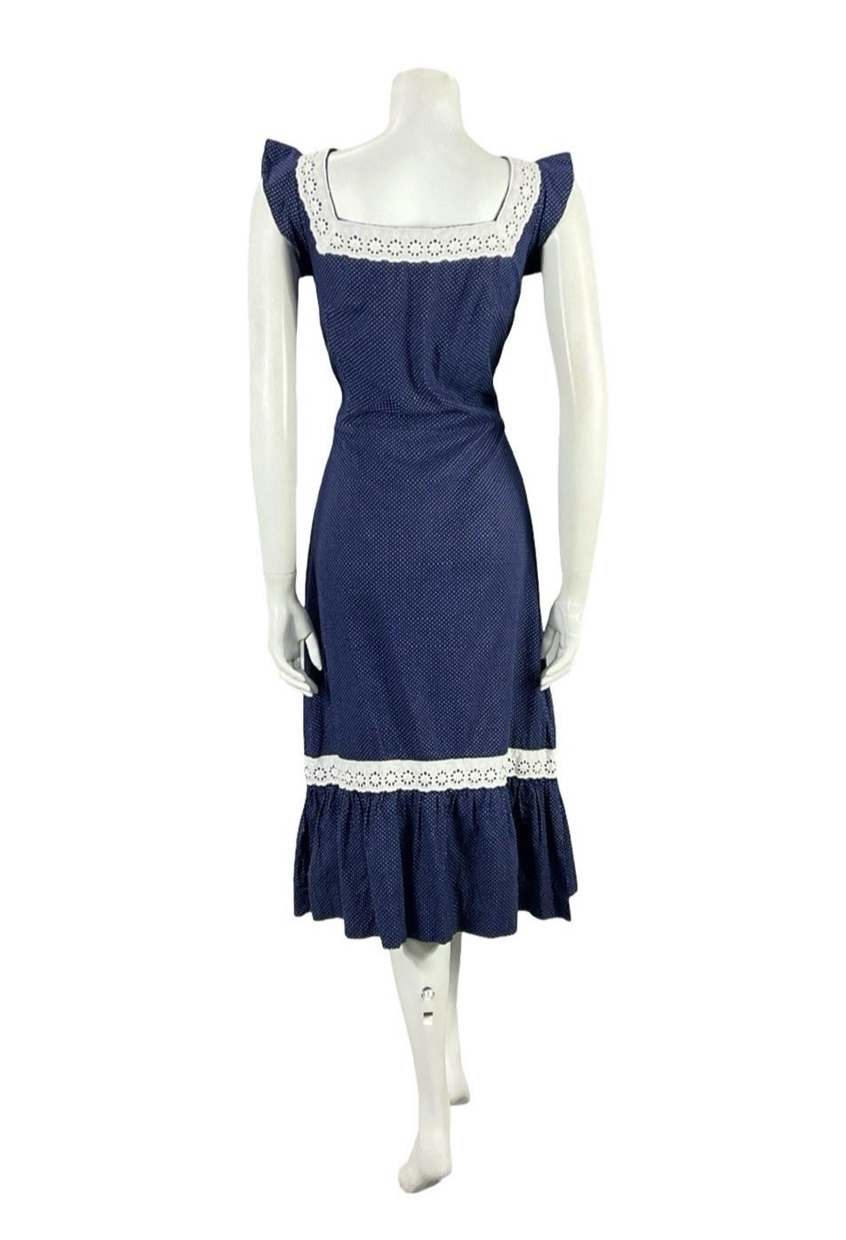 VTG 70S NAVY BLUE WHITE ANGLAISE POLKA DOT RUFFLE COTTAGE PRAIRIE DRESS 8