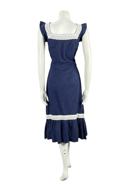 VTG 70S NAVY BLUE WHITE ANGLAISE POLKA DOT RUFFLE COTTAGE PRAIRIE DRESS 8