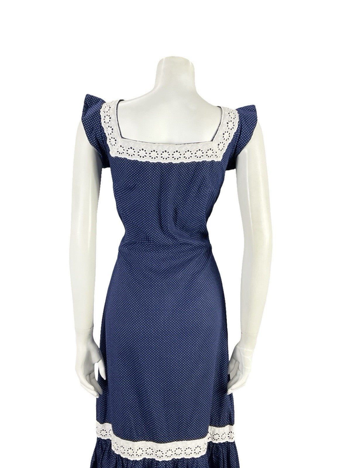 VTG 70S NAVY BLUE WHITE ANGLAISE POLKA DOT RUFFLE COTTAGE PRAIRIE DRESS 8