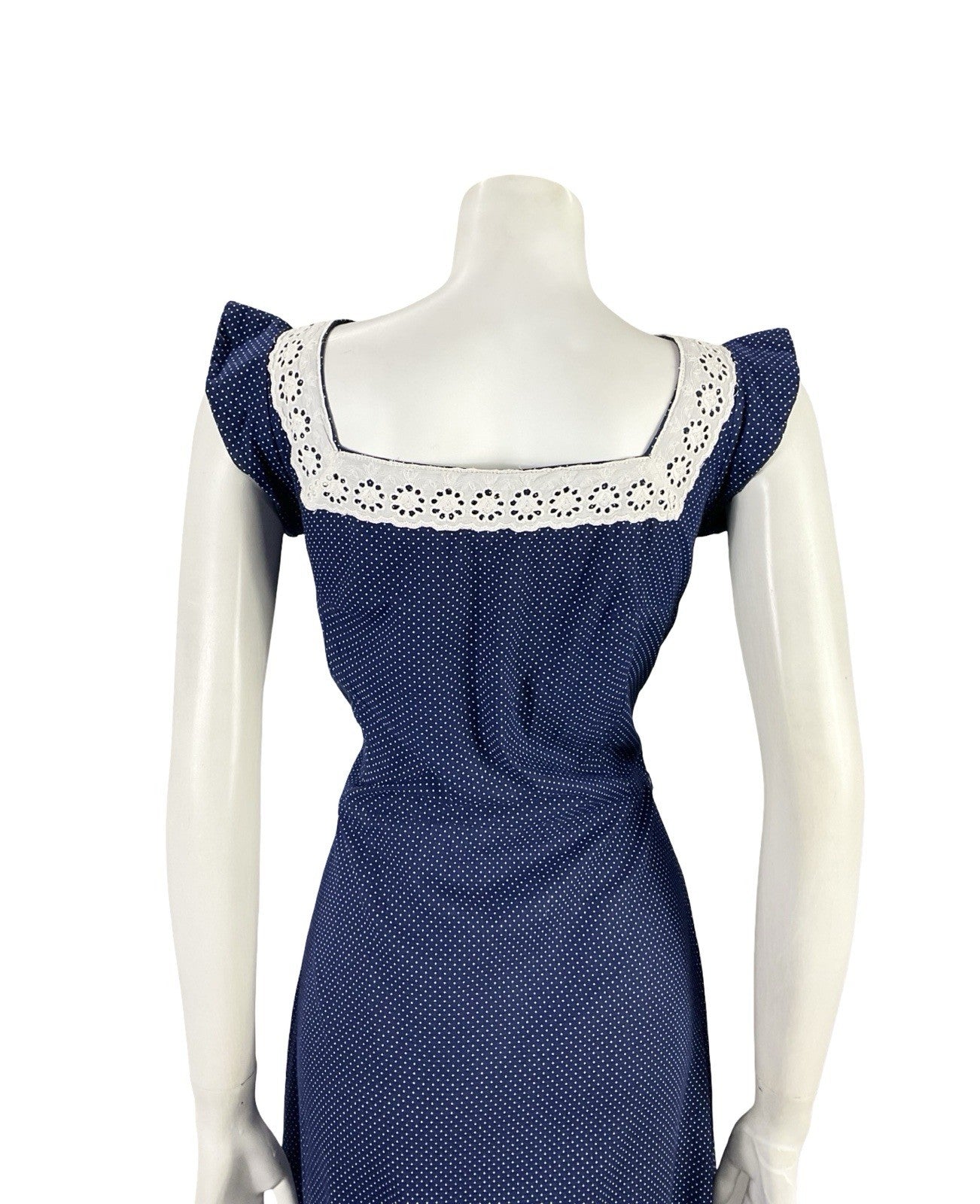 VTG 70S NAVY BLUE WHITE ANGLAISE POLKA DOT RUFFLE COTTAGE PRAIRIE DRESS 8