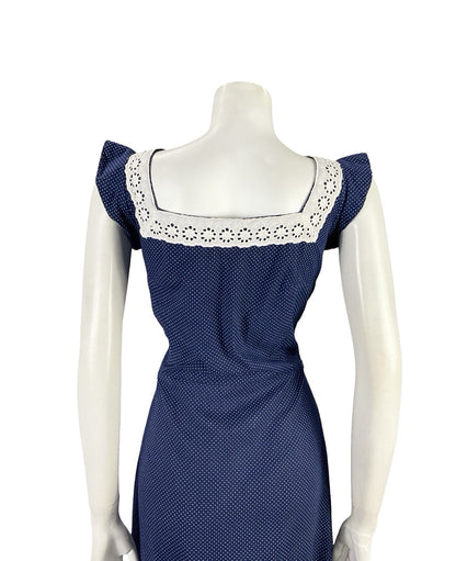 VTG 70S NAVY BLUE WHITE ANGLAISE POLKA DOT RUFFLE COTTAGE PRAIRIE DRESS 8