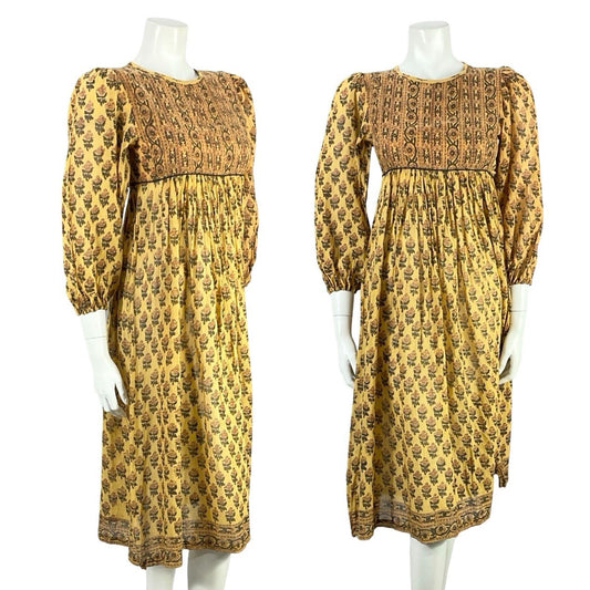VTG 60S 70S BROWN BEIGE BOHO HIPPY INDIAN COTTON FLORAL SMOCK EMPIRE DRESS 4 6