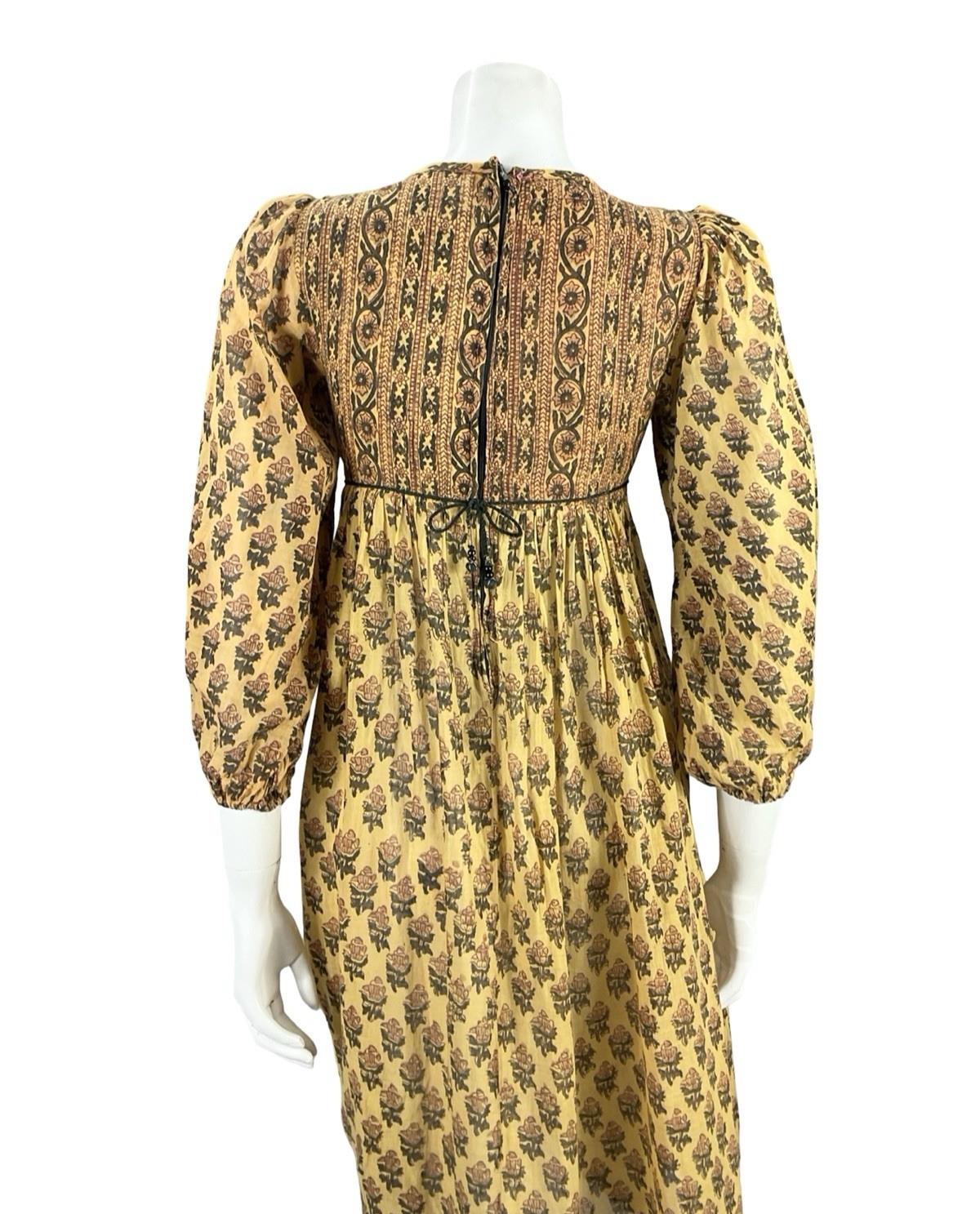 VTG 60S 70S BROWN BEIGE BOHO HIPPY INDIAN COTTON FLORAL SMOCK EMPIRE DRESS 4 6