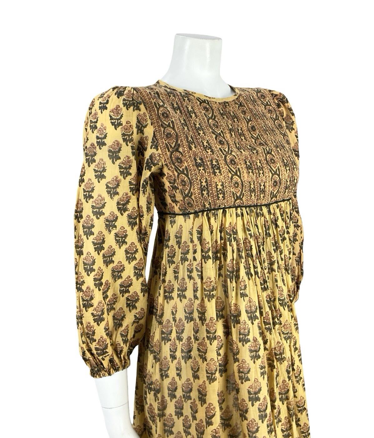 VTG 60S 70S BROWN BEIGE BOHO HIPPY INDIAN COTTON FLORAL SMOCK EMPIRE DRESS 4 6