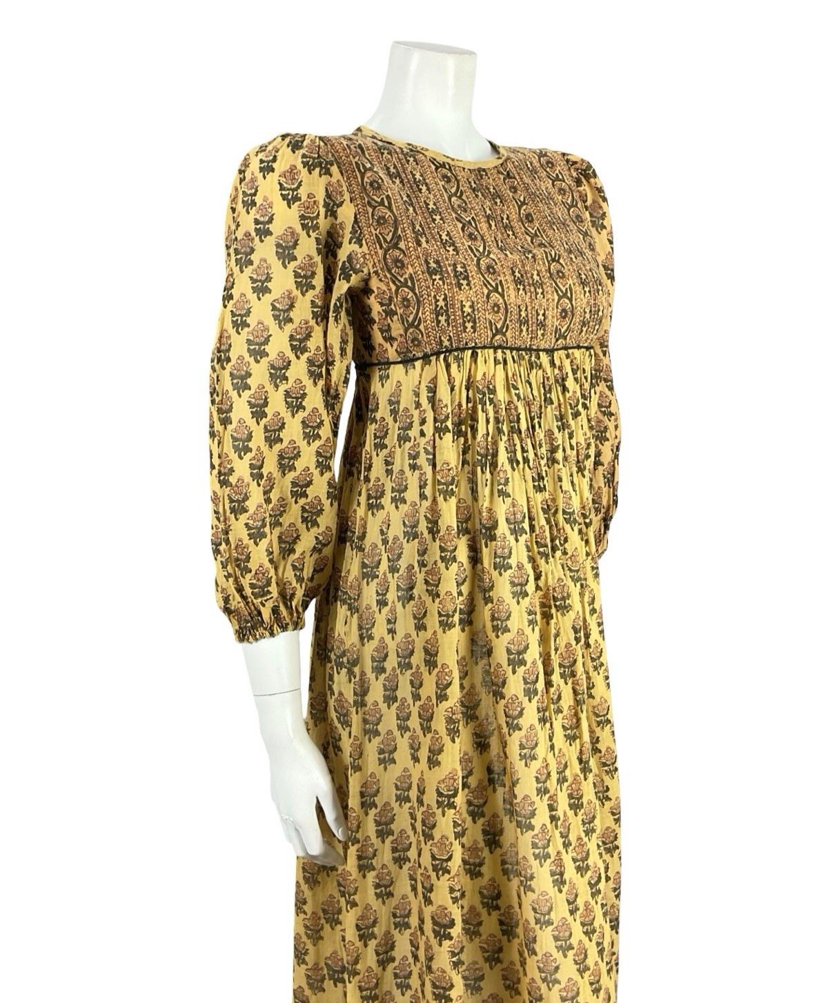 VTG 60S 70S BROWN BEIGE BOHO HIPPY INDIAN COTTON FLORAL SMOCK EMPIRE DRESS 4 6