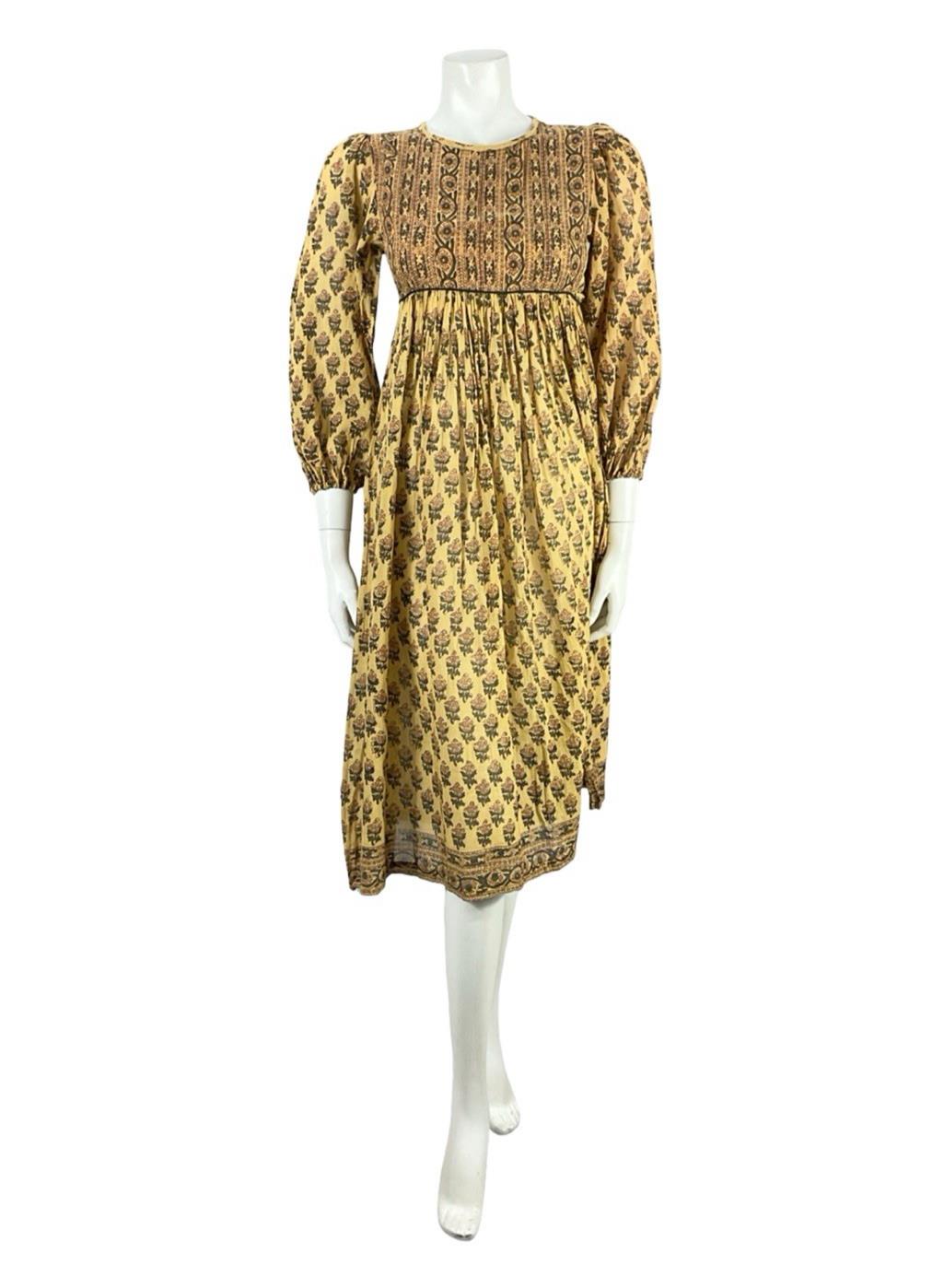 VTG 60S 70S BROWN BEIGE BOHO HIPPY INDIAN COTTON FLORAL SMOCK EMPIRE DRESS 4 6