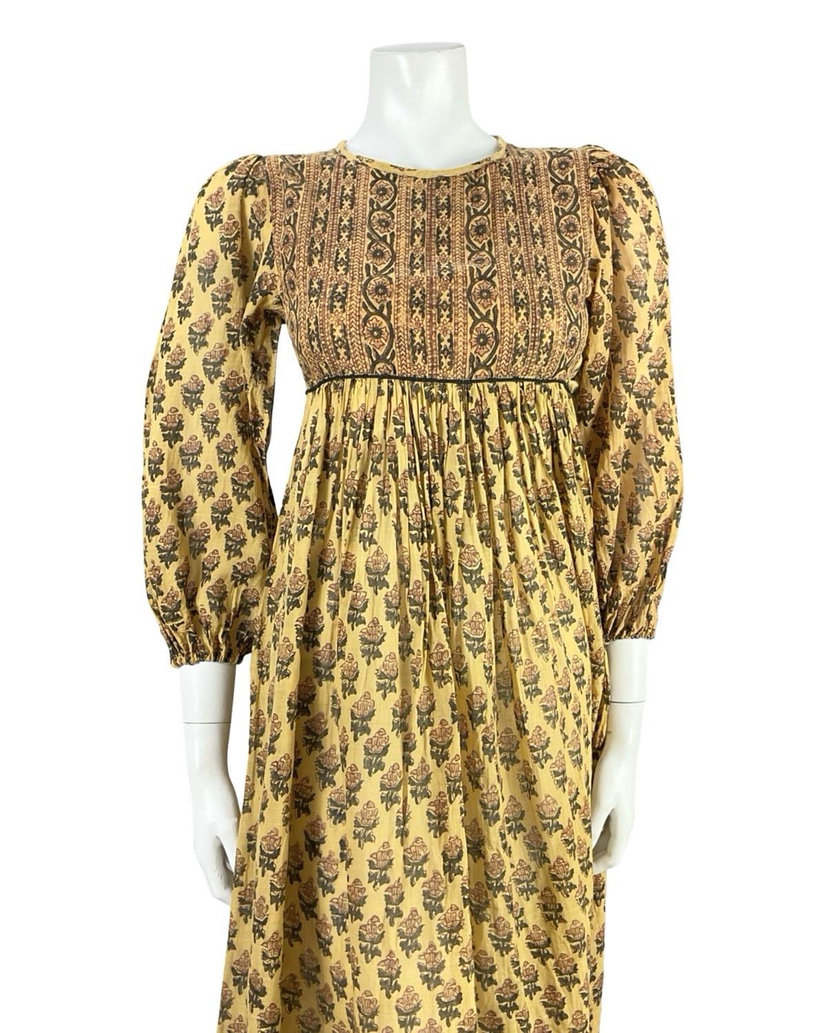 VTG 60S 70S BROWN BEIGE BOHO HIPPY INDIAN COTTON FLORAL SMOCK EMPIRE DRESS 4 6