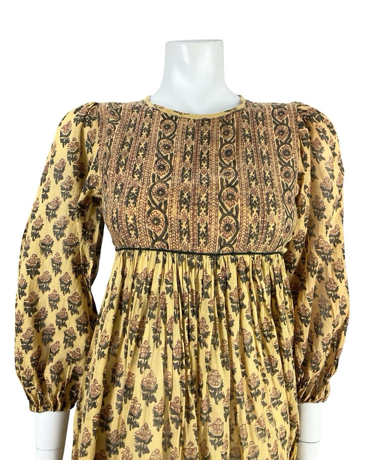 VTG 60S 70S BROWN BEIGE BOHO HIPPY INDIAN COTTON FLORAL SMOCK EMPIRE DRESS 4 6