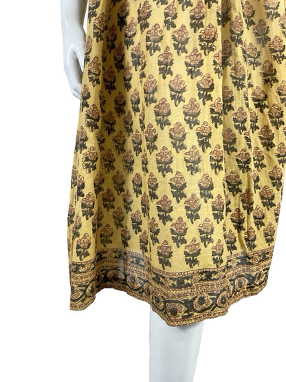 VTG 60S 70S BROWN BEIGE BOHO HIPPY INDIAN COTTON FLORAL SMOCK EMPIRE DRESS 4 6
