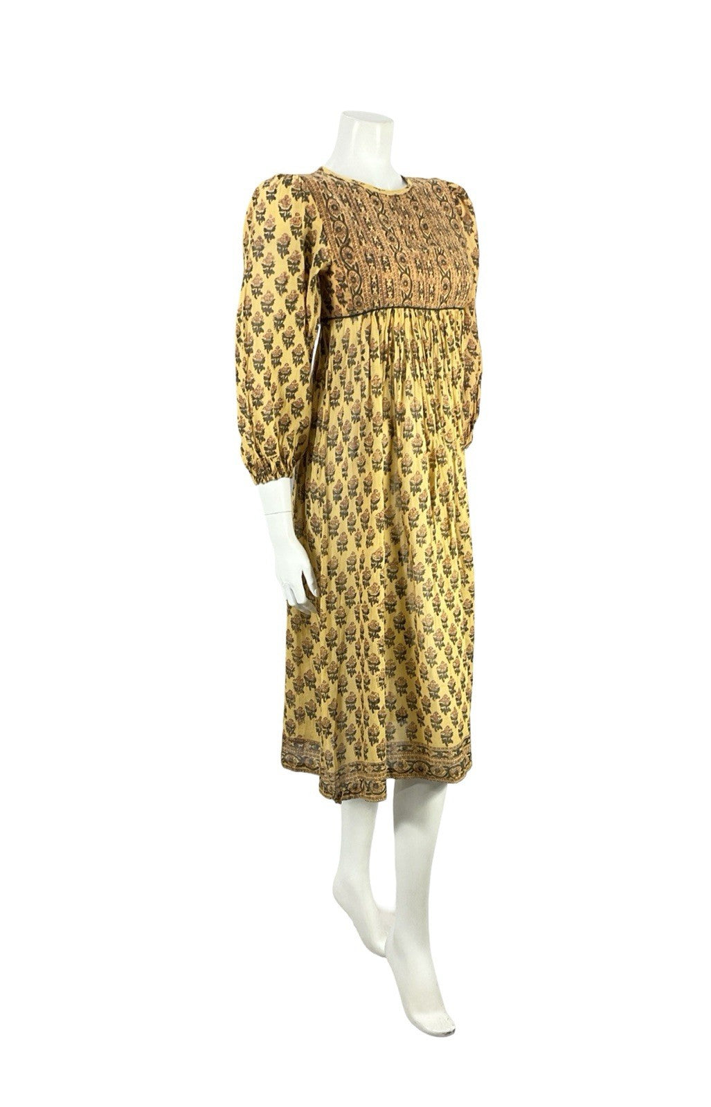VTG 60S 70S BROWN BEIGE BOHO HIPPY INDIAN COTTON FLORAL SMOCK EMPIRE DRESS 4 6