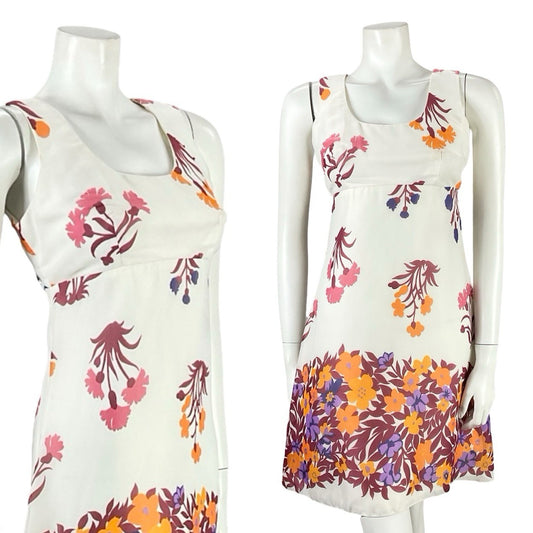 VTG 60S WHITE RED PINK ORANGE PURPLE MOD GOGO MINI FLORAL EMPIRE MINI DRESS 8