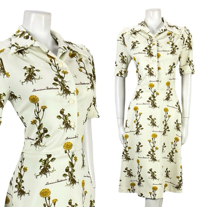VTG 70S CREAM YELLOW GREEN BOTANICAL FLORAL LEOPARDS BANE SHIRT DRESS 10 12
