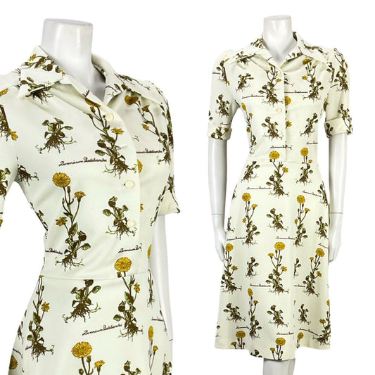 VTG 70S CREAM YELLOW GREEN BOTANICAL FLORAL LEOPARDS BANE SHIRT DRESS 10 12