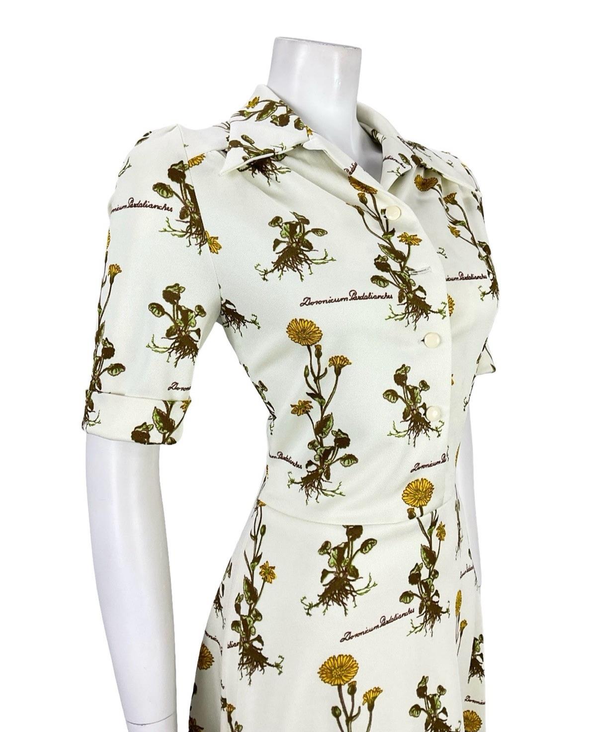 VTG 70S CREAM YELLOW GREEN BOTANICAL FLORAL LEOPARDS BANE SHIRT DRESS 10 12