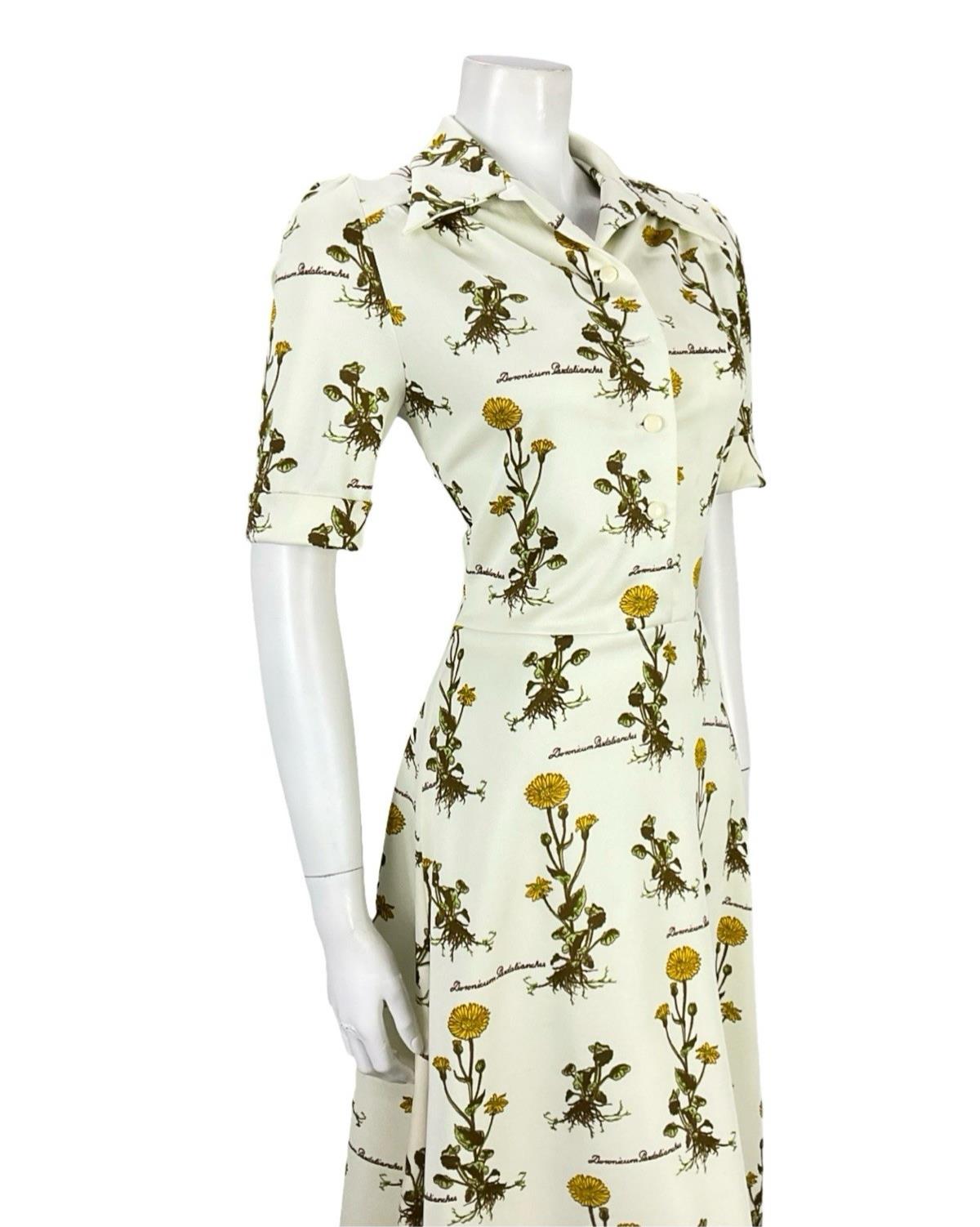 VTG 70S CREAM YELLOW GREEN BOTANICAL FLORAL LEOPARDS BANE SHIRT DRESS 10 12