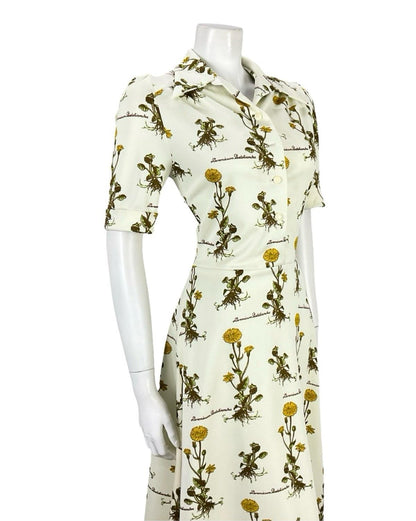 VTG 70S CREAM YELLOW GREEN BOTANICAL FLORAL LEOPARDS BANE SHIRT DRESS 10 12