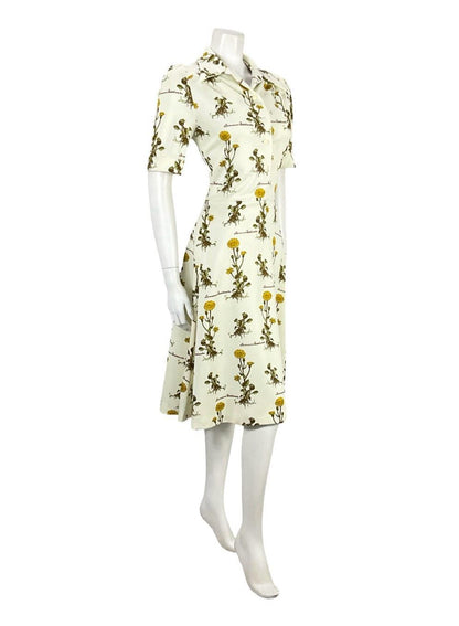 VTG 70S CREAM YELLOW GREEN BOTANICAL FLORAL LEOPARDS BANE SHIRT DRESS 10 12