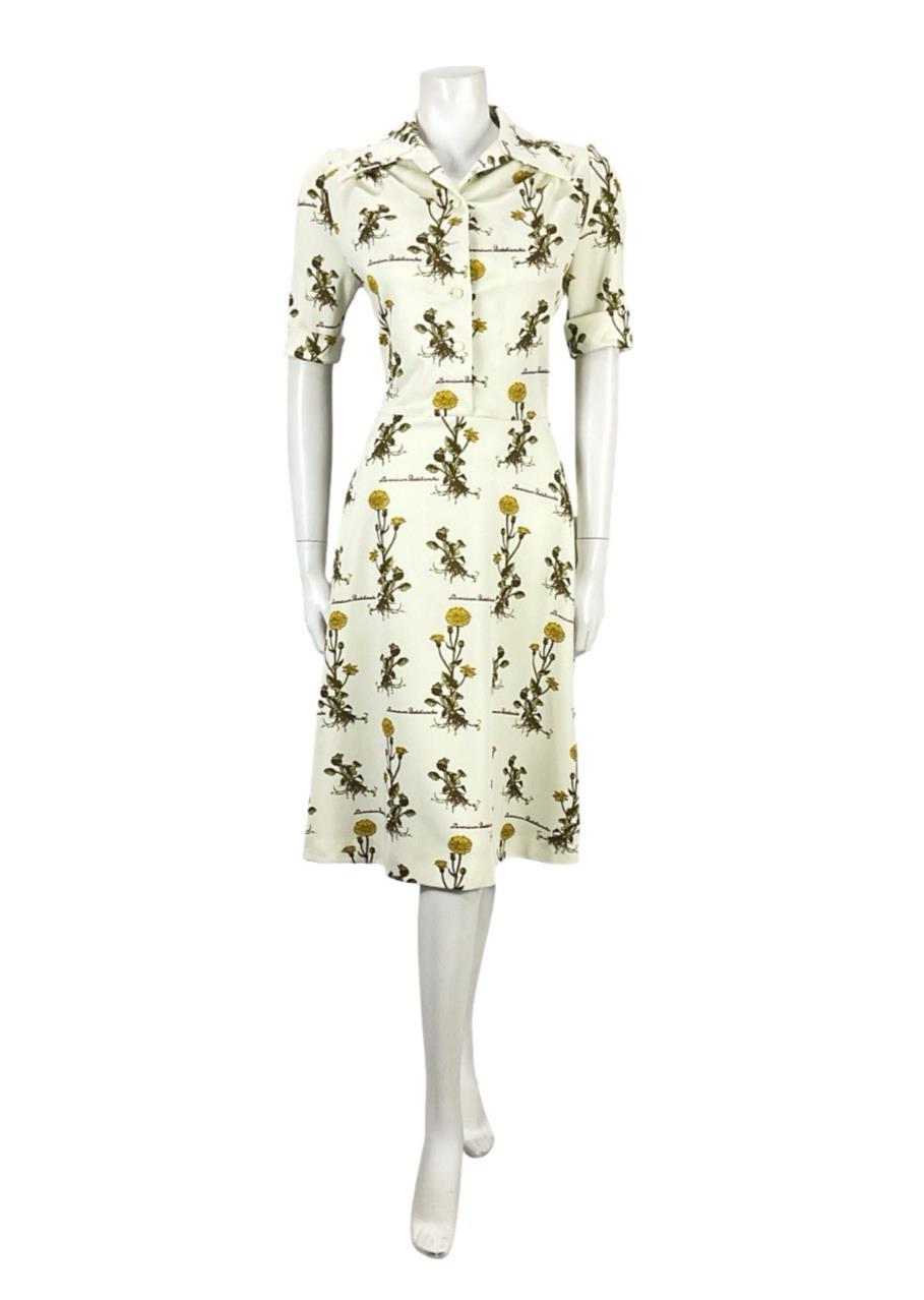 VTG 70S CREAM YELLOW GREEN BOTANICAL FLORAL LEOPARDS BANE SHIRT DRESS 10 12