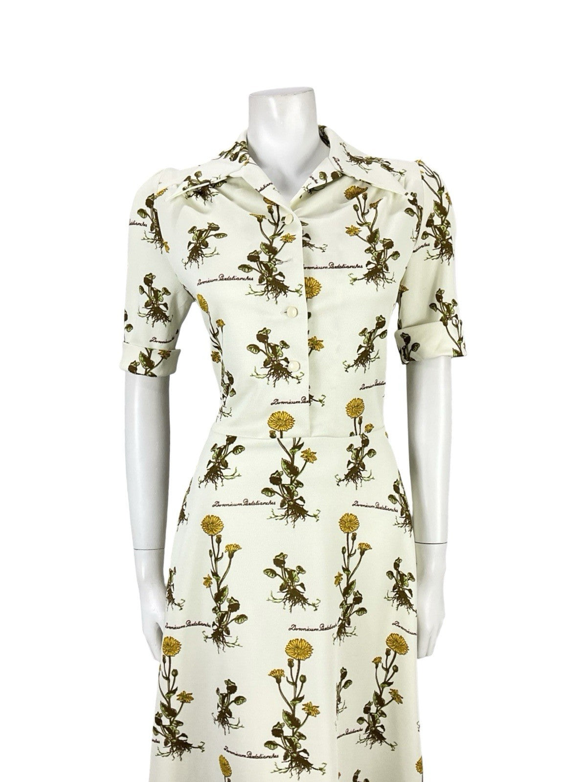 VTG 70S CREAM YELLOW GREEN BOTANICAL FLORAL LEOPARDS BANE SHIRT DRESS 10 12