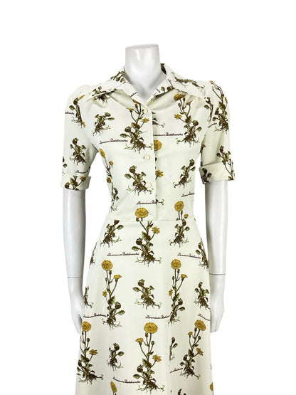 VTG 70S CREAM YELLOW GREEN BOTANICAL FLORAL LEOPARDS BANE SHIRT DRESS 10 12