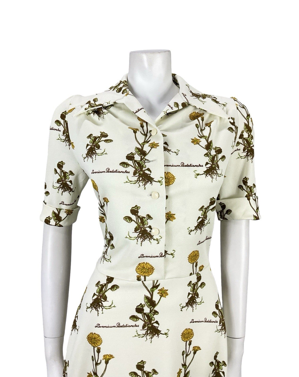 VTG 70S CREAM YELLOW GREEN BOTANICAL FLORAL LEOPARDS BANE SHIRT DRESS 10 12