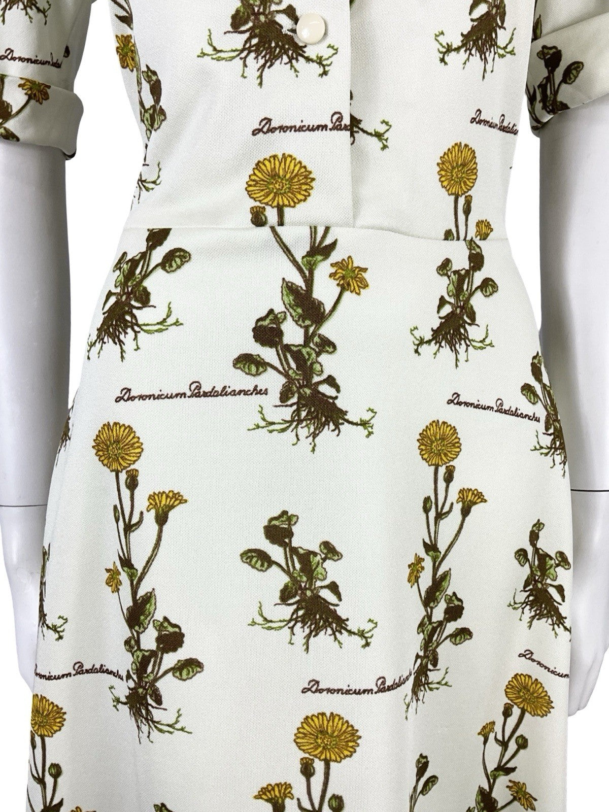 VTG 70S CREAM YELLOW GREEN BOTANICAL FLORAL LEOPARDS BANE SHIRT DRESS 10 12