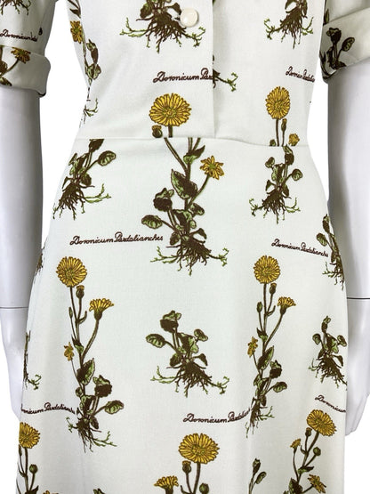 VTG 70S CREAM YELLOW GREEN BOTANICAL FLORAL LEOPARDS BANE SHIRT DRESS 10 12