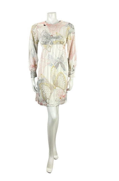 VTG 60S 70s WHITE YELLOW BLUE BLACK STRIPED BUTTERFLY EMPIRE MOD DRESS 8 10