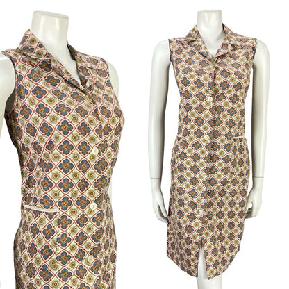 VTG 60S BEIGE BLUE ORANGE YELLOW GEOMETRIC TILE PRINT MOD SHIFT DRESS 10
