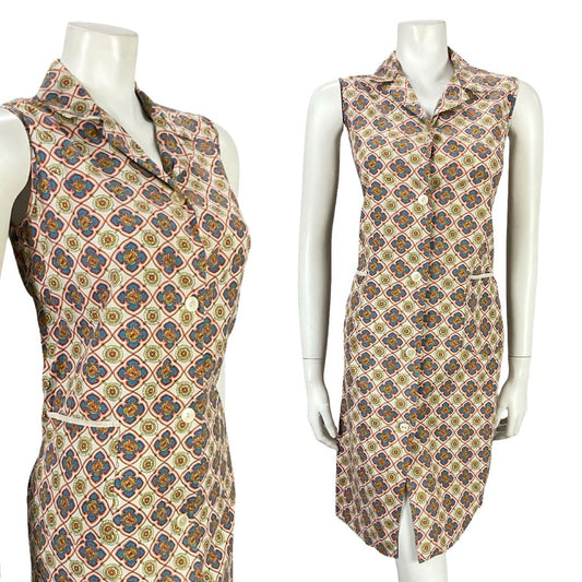 VTG 60S BEIGE BLUE ORANGE YELLOW GEOMETRIC TILE PRINT MOD SHIFT DRESS 10
