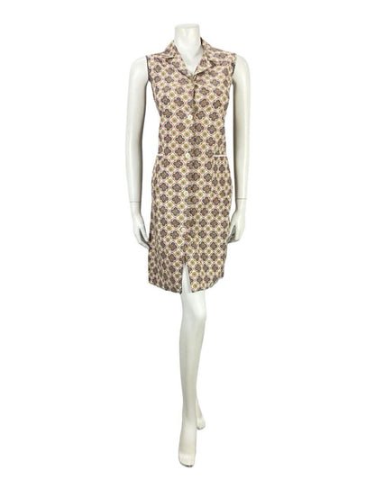 VTG 60S BEIGE BLUE ORANGE YELLOW GEOMETRIC TILE PRINT MOD SHIFT DRESS 10