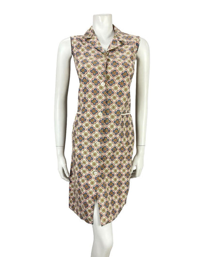 VTG 60S BEIGE BLUE ORANGE YELLOW GEOMETRIC TILE PRINT MOD SHIFT DRESS 10