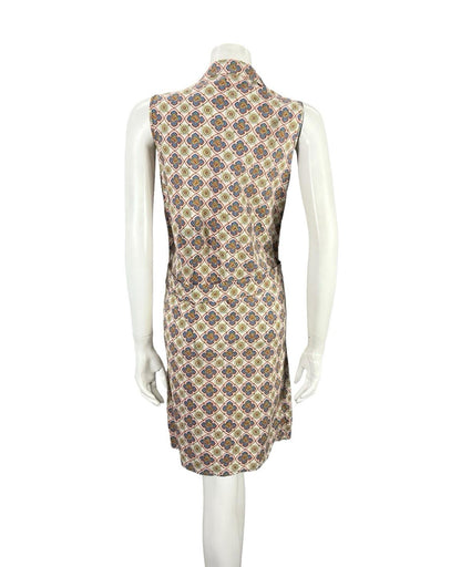 VTG 60S BEIGE BLUE ORANGE YELLOW GEOMETRIC TILE PRINT MOD SHIFT DRESS 10