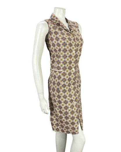 VTG 60S BEIGE BLUE ORANGE YELLOW GEOMETRIC TILE PRINT MOD SHIFT DRESS 10