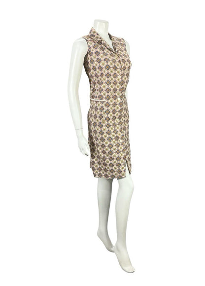 VTG 60S BEIGE BLUE ORANGE YELLOW GEOMETRIC TILE PRINT MOD SHIFT DRESS 10