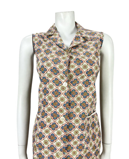 VTG 60S BEIGE BLUE ORANGE YELLOW GEOMETRIC TILE PRINT MOD SHIFT DRESS 10