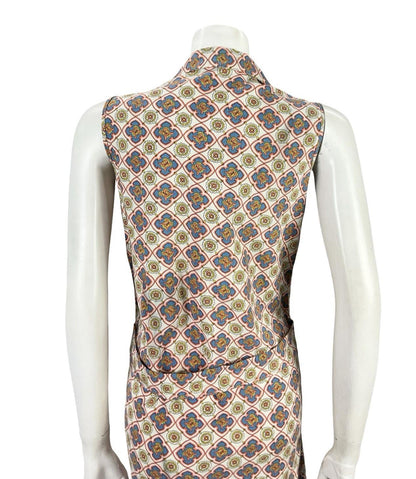 VTG 60S BEIGE BLUE ORANGE YELLOW GEOMETRIC TILE PRINT MOD SHIFT DRESS 10
