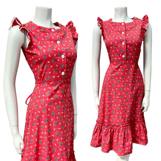 VTG 70S RED WHITE ORANGE BLUE FLORAL RUFFLE TIE WAIST COTTAGE PINAFORE DRESS 8