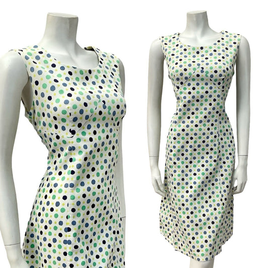VTG 60S MOD GOGO WHITE BLUE GREEN POLKA DOT SCOOP NECK WIGGLE DRESS 12