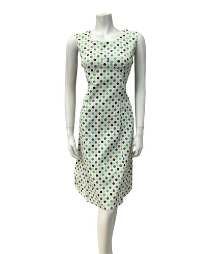 VTG 60S MOD GOGO WHITE BLUE GREEN POLKA DOT SCOOP NECK WIGGLE DRESS 12