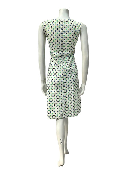 VTG 60S MOD GOGO WHITE BLUE GREEN POLKA DOT SCOOP NECK WIGGLE DRESS 12