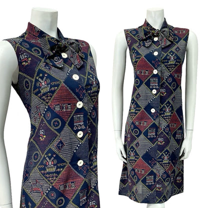 VTG 60S 70S NAVY BLUE RED WHITE YELLOW GEOMETRIC PUSSYBOW SHIFT DRESS 8 10 S