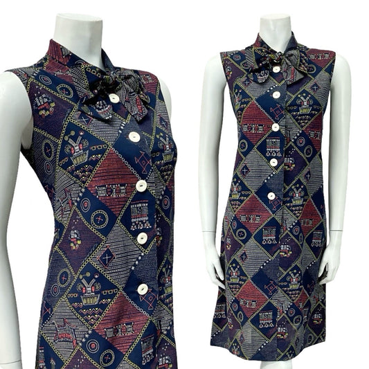 VTG 60S 70S NAVY BLUE RED WHITE YELLOW GEOMETRIC PUSSYBOW SHIFT DRESS 8 10 S