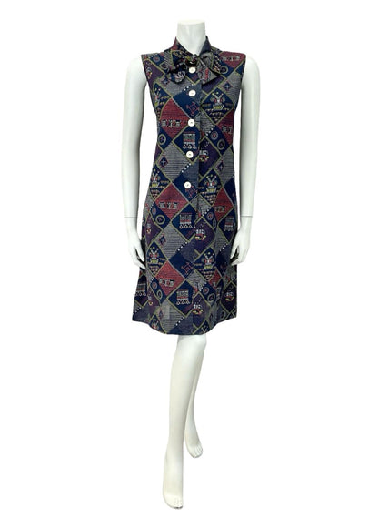 VTG 60S 70S NAVY BLUE RED WHITE YELLOW GEOMETRIC PUSSYBOW SHIFT DRESS 8 10 S