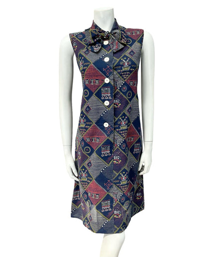 VTG 60S 70S NAVY BLUE RED WHITE YELLOW GEOMETRIC PUSSYBOW SHIFT DRESS 8 10 S