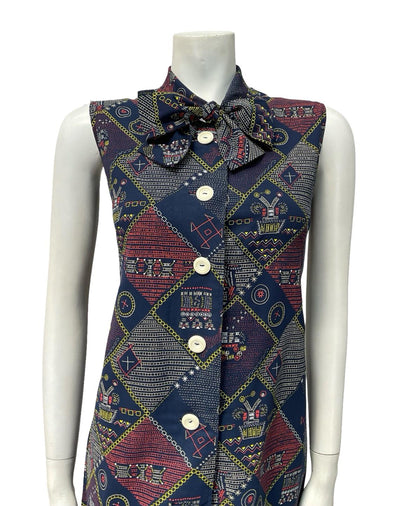 VTG 60S 70S NAVY BLUE RED WHITE YELLOW GEOMETRIC PUSSYBOW SHIFT DRESS 8 10 S
