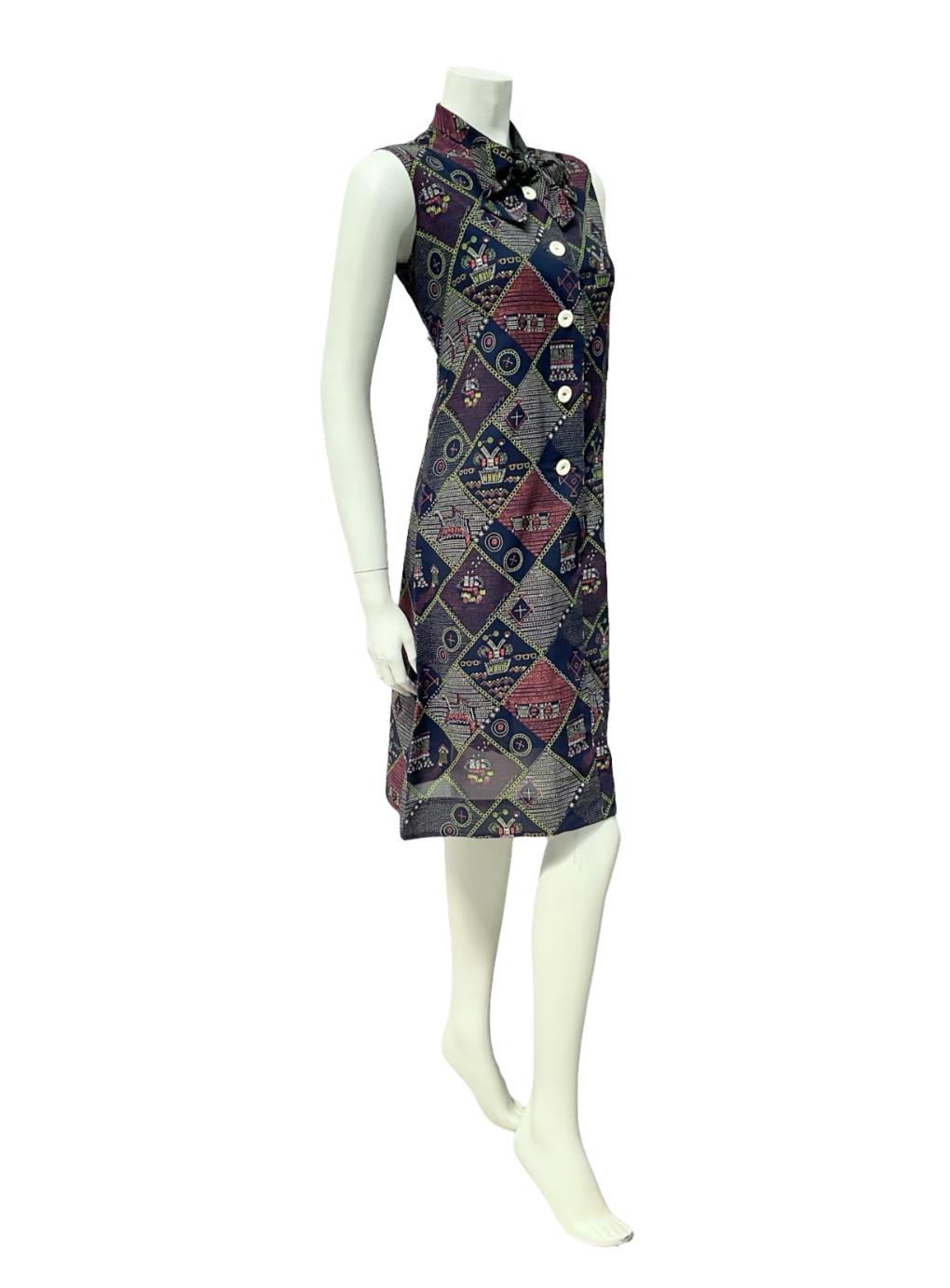 VTG 60S 70S NAVY BLUE RED WHITE YELLOW GEOMETRIC PUSSYBOW SHIFT DRESS 8 10 S