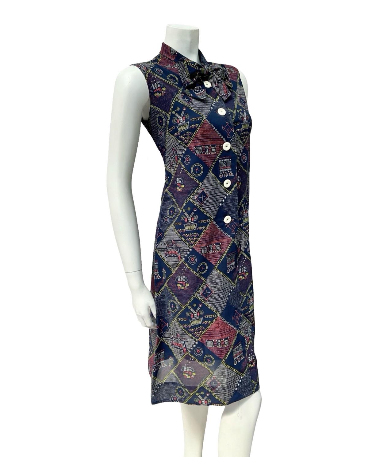 VTG 60S 70S NAVY BLUE RED WHITE YELLOW GEOMETRIC PUSSYBOW SHIFT DRESS 8 10 S
