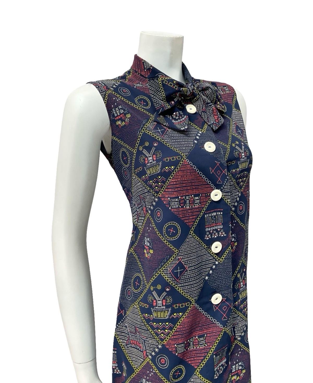 VTG 60S 70S NAVY BLUE RED WHITE YELLOW GEOMETRIC PUSSYBOW SHIFT DRESS 8 10 S